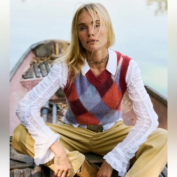 NWT Free People Argyle Quinn V-neck Wool blend Sweater Vest - Picture 2 of 10